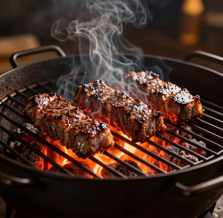 Dramatic low-key culinary photography. A custom-built iron parrilla filled with glowing red embers, delicate smoke rising, prime cuts of meat resting on the grates, warm golden-hour side lighting.