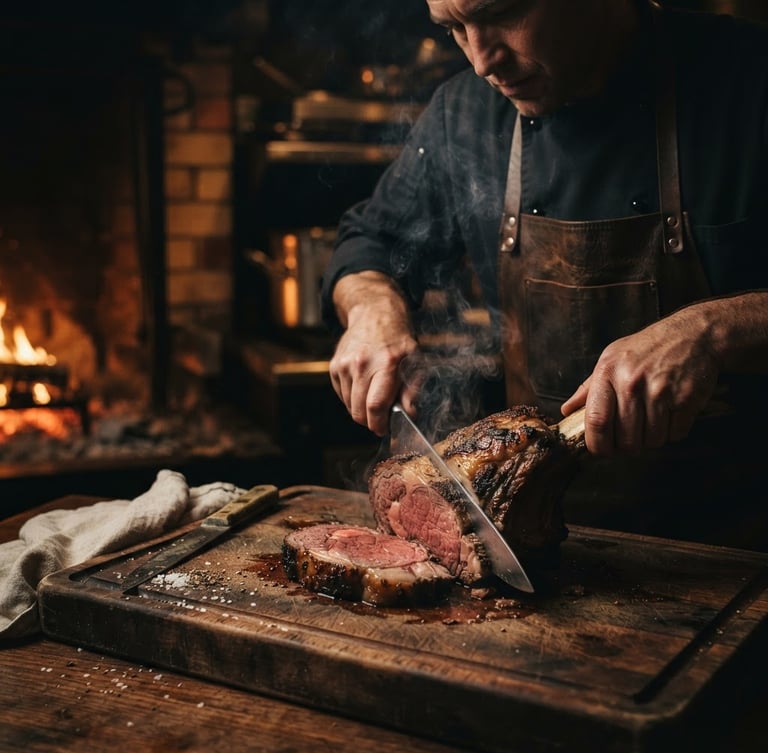 Dramatic low-key food photography, warm glowing embers light, deep shadows, rich dark tones. A master chef slicing a perfectly seared prime rib on a rustic wood board, smoke rising, side lighting.
