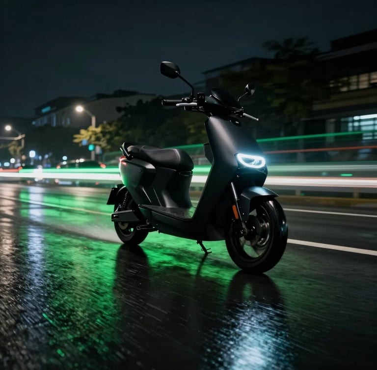 Low-angle tracking shot of a matte black electric motorcycle speeding through wet city streets at night, neon green reflections on wet asphalt, motion blur, dramatic lighting.