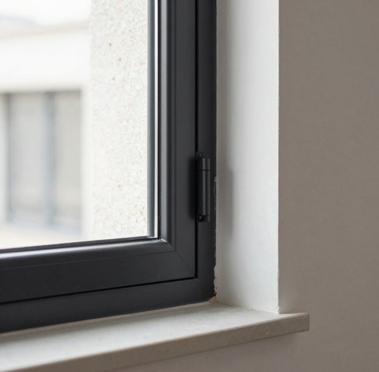 Plan detalle de un perfil de ventana de aluminio negro mate encastrado en un muro de hormigón visto, luz natural limpia y neutra, enfoque nítido, fotografía arquitectónica