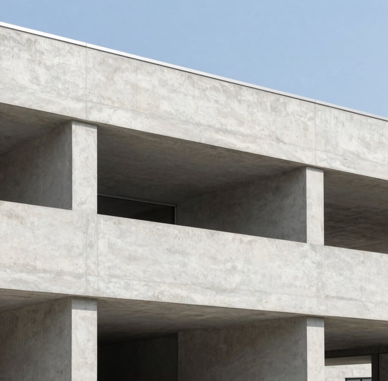 Architectural photography of a clean modern concrete structure under bright natural daylight, sharp focus, technical framing, 35mm lens