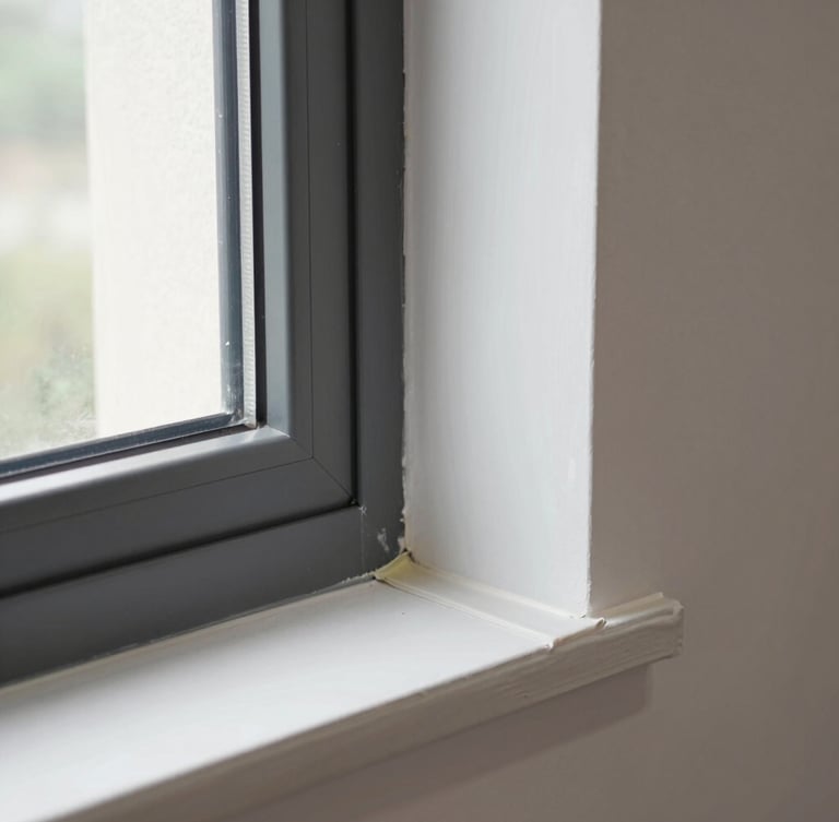 Close-up of a flawless wall-to-window joint, showing clean silicone sealing, anthracite aluminum frame, and pristine plaster finish, bright natural light, professional execution