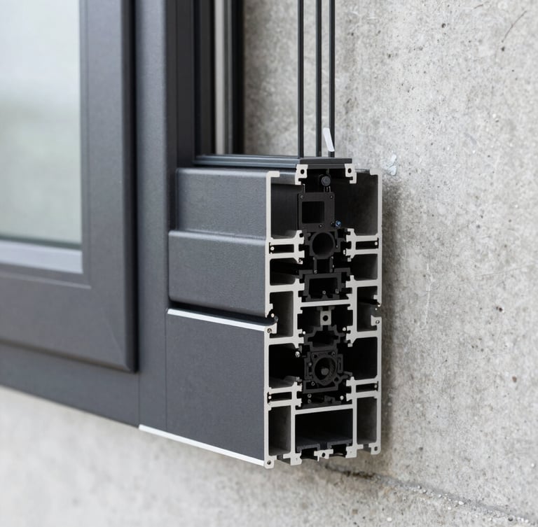 Close-up detail of high-end dark anthracite aluminum window profile installed in clean concrete wall, natural daylight, architectural photography, sharp focus
