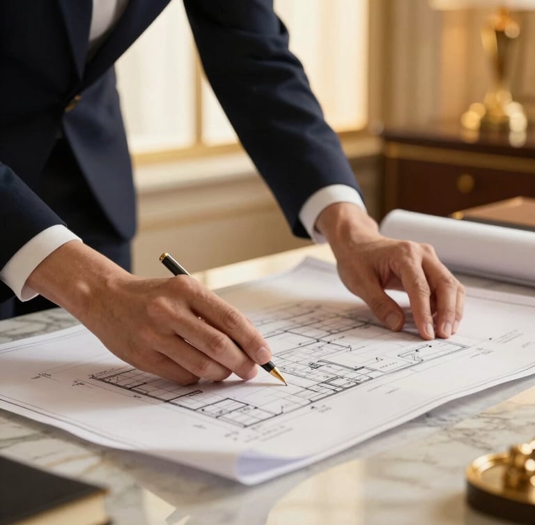 Close-up of an architect's hands reviewing blueprints on a marble desk, warm side lighting, luxurious office setting