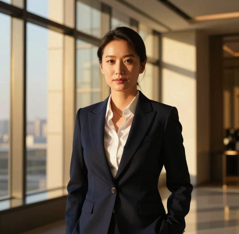 High-contrast editorial portrait of a luxury real estate agent in a modern architectural space with golden-hour window light, rich deep navy and gold tones, shallow depth of field, 35mm