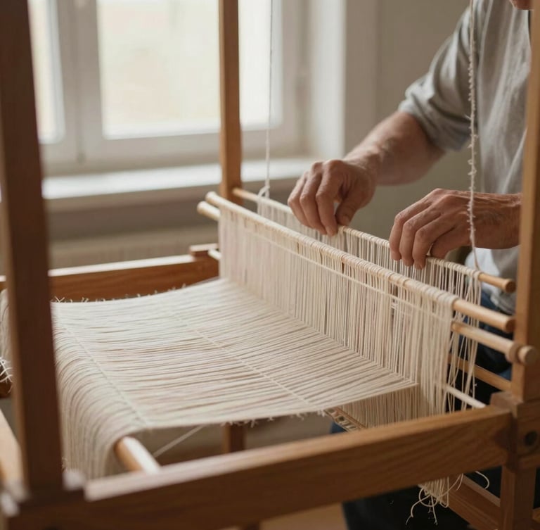 A craftsman's hands operating a large wooden hand-loom, weaving heavy cream-colored yarn under soft, diffused side window light