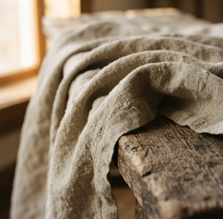 Macro photograph of heavy-weight Belgian linen with visible slub textures, draped naturally over a rustic wooden bench, soft morning window light, warm neutral shadows.