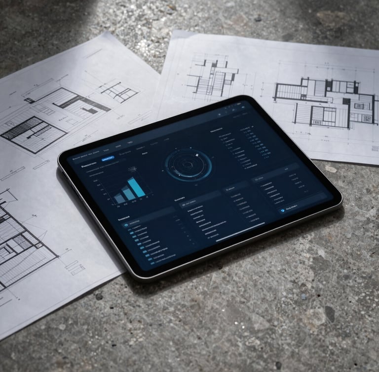Crisp architectural flat-lay of technical drawings beside a modern tablet displaying an enterprise asset dashboard, dramatic side lighting, stone gray and navy tones.