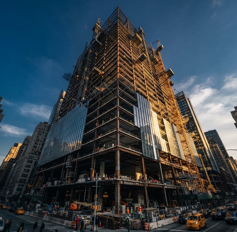 Low-angle architectural exterior of a modern commercial office tower under construction, towering steel frames and glass panels catching dramatic morning light, 35mm cinematic