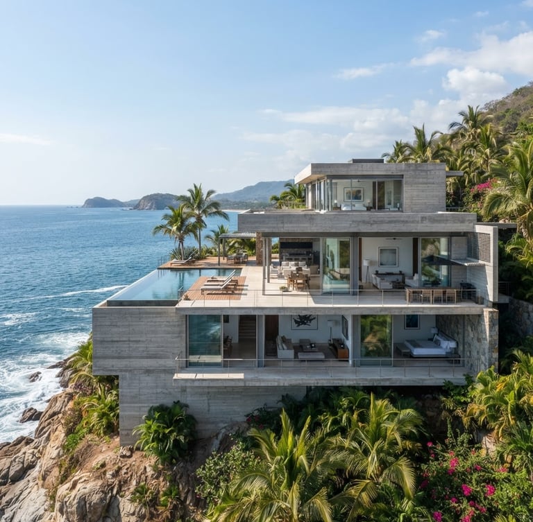 A wide-angle, clean architectural elevation of a luxury modern concrete and glass villa overlooking the ocean in Punta de Mita, bright natural daylight, sharp focus.
