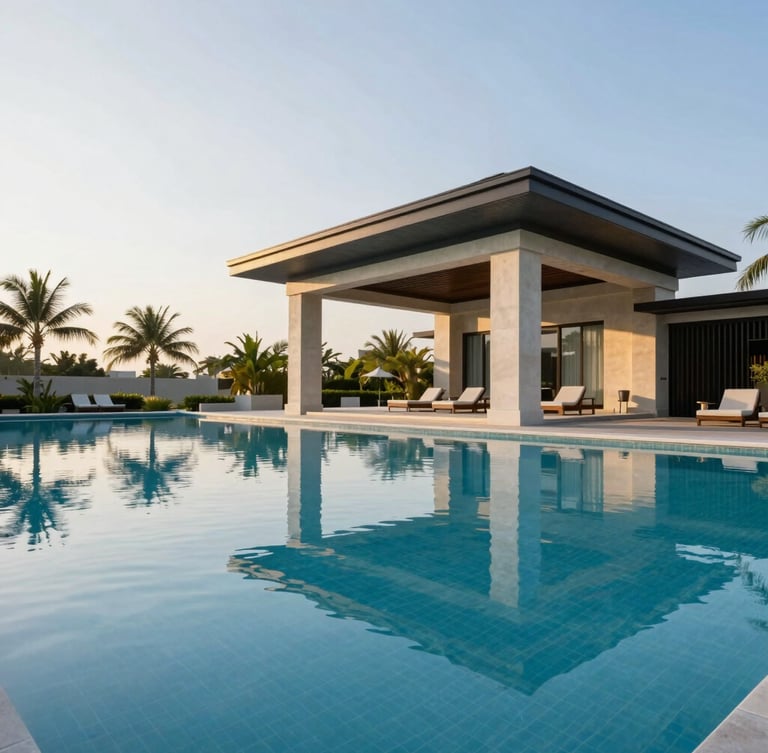 Wide-angle view of a pristine empty swimming pool reflecting a modern architectural pavilion, golden-hour exterior, sharp focus, premium architectural photography