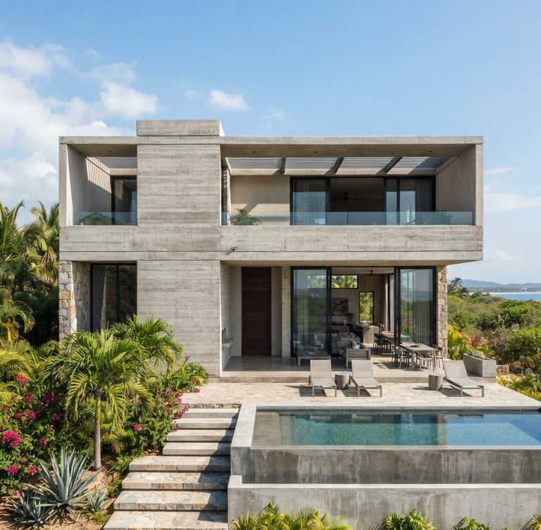 Straight-on architectural elevation of a modern concrete villa in Punta de Mita, bright natural daylight, sharp focus, premium architectural photography
