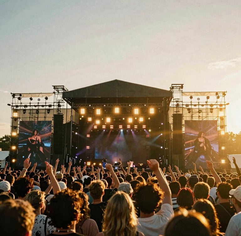 Cinematic low angle shot of a massive music festival stage at golden hour, dramatic stage lighting, crowd with hands raised, 35mm photography