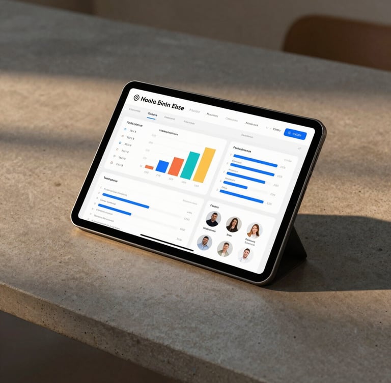 Sleek modern tablet mockup on a concrete desk, displaying a clean web dashboard with charts, financial metrics, and vendor profiles, soft side lighting, minimal aesthetic, 35mm.