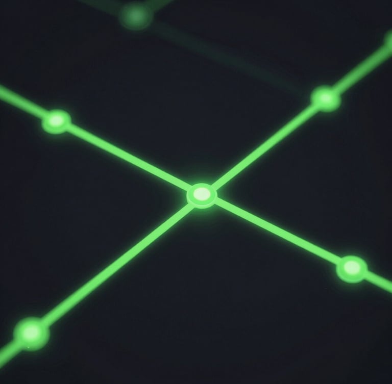 Sleek dark-mode UI rendering showing a visual deployment pipeline with glowing neon green connection nodes, high-contrast obsidian tones, crisp macro focus