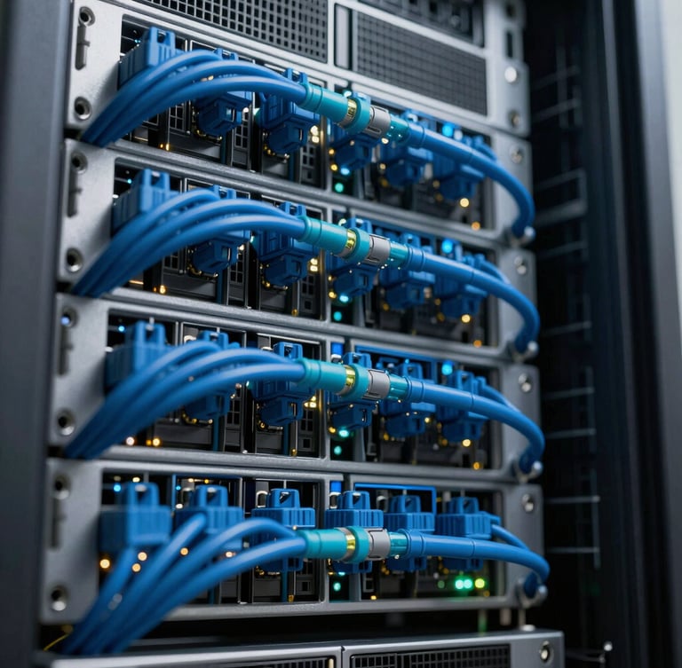 Macro shot of organized server racks with precise blue and cyan cabling, clean technical layout, cool LED indicator glows, low angle.