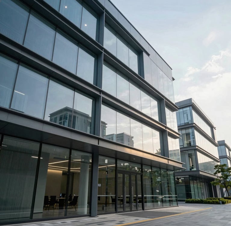 Wide-angle architectural shot of a modern professional service office with glass partitions, cool daylight, and structured steel frames.