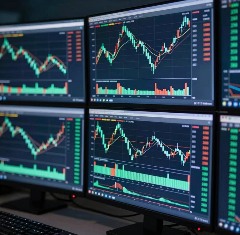 Sleek close-up of a multi-monitor trading station displaying dense candlestick charts and order flow depth, cool screen-glow ambient lighting, 35mm