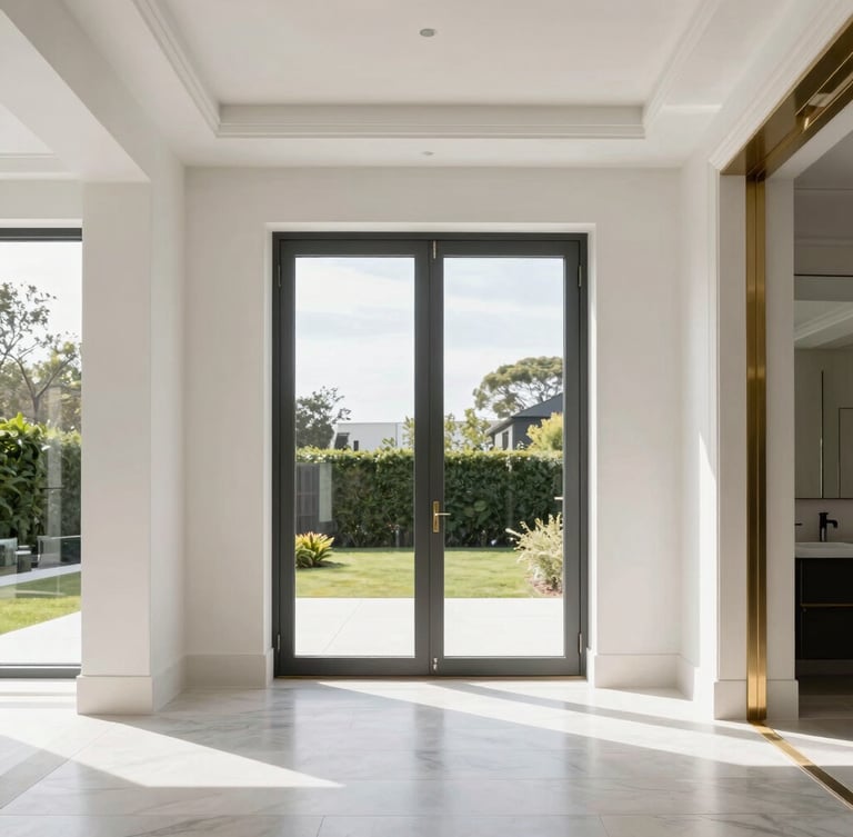 Symmetrical architectural photograph of a pristine, high-end residential interior, polished brass accents, bright natural daylight, 35mm