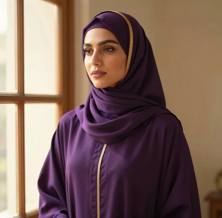 Elegant Muslim model in a gracefully draped deep purple abaya and soft gold-trimmed hijab, soft golden-hour window light, looking slightly off-camera, medium portrait shot