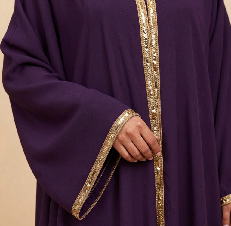Medium-close shot of premium purple abaya fabric with soft gold trim, showcasing exquisite weave texture under diffused warm studio light.