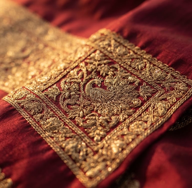 Macro close-up of intricate gold zari work on a deep crimson silk saree, showing the dense interlocking weft, warm golden-hour side light, shallow depth of field.