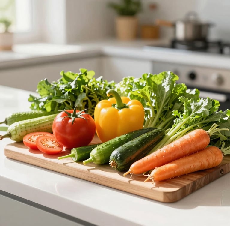 Bright clean kitchen workspace with fresh colorful vegetables, a cutting board, and warm natural morning light, highly aspirational