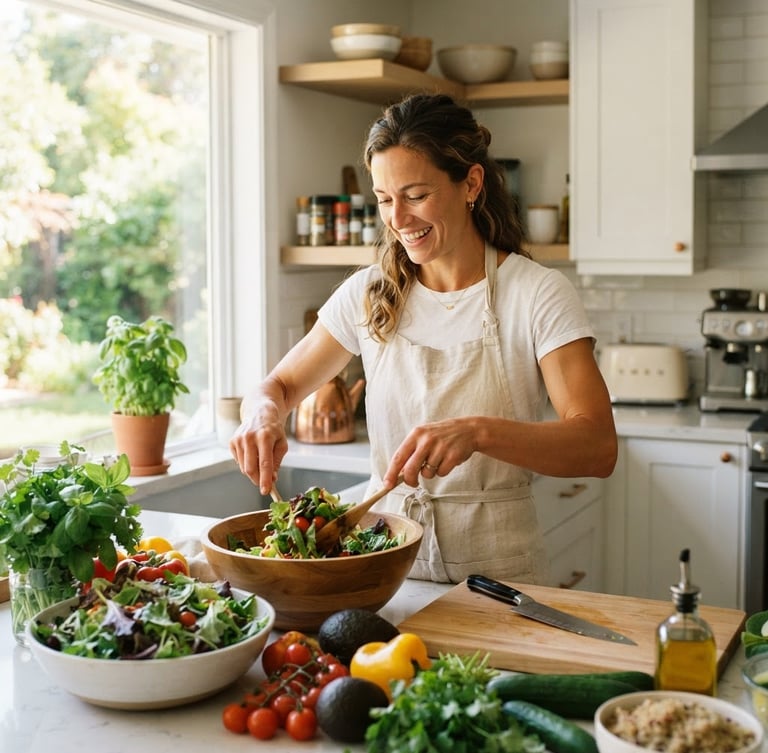 Bright lifestyle photography of a healthy, active adult preparing a fresh, colorful meal in a sunlit modern kitchen, natural morning daylight, shallow depth of field, 35mm