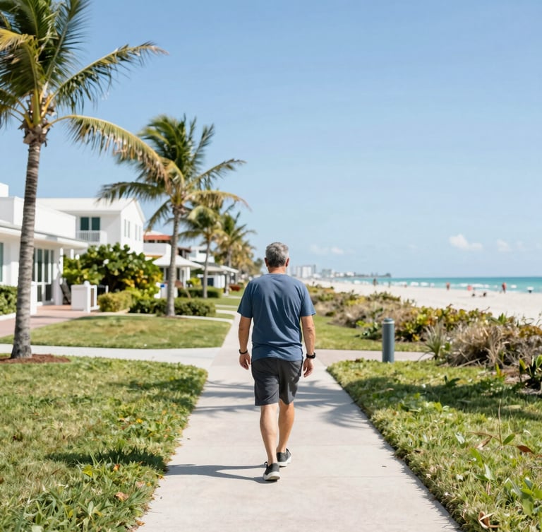 A candid shot of an active adult walking along a sunlit coastal path in Delray Beach, bright natural daylight, fresh vibrant tones, 35mm