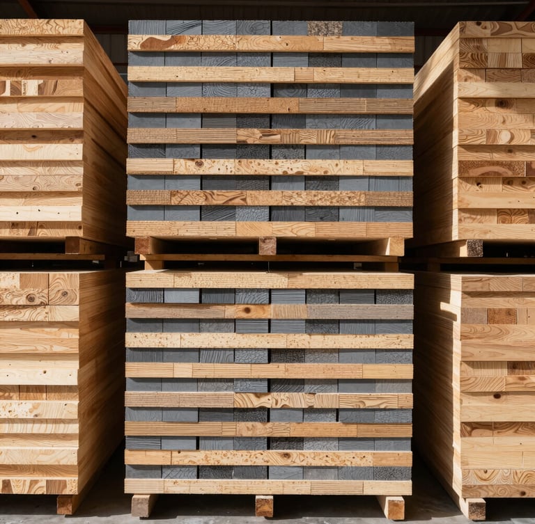 Straight-on geometric shot of neatly stacked multi-ply plywood and timber bundles in warehouse racks, sharp natural side-lighting, raw wood tones