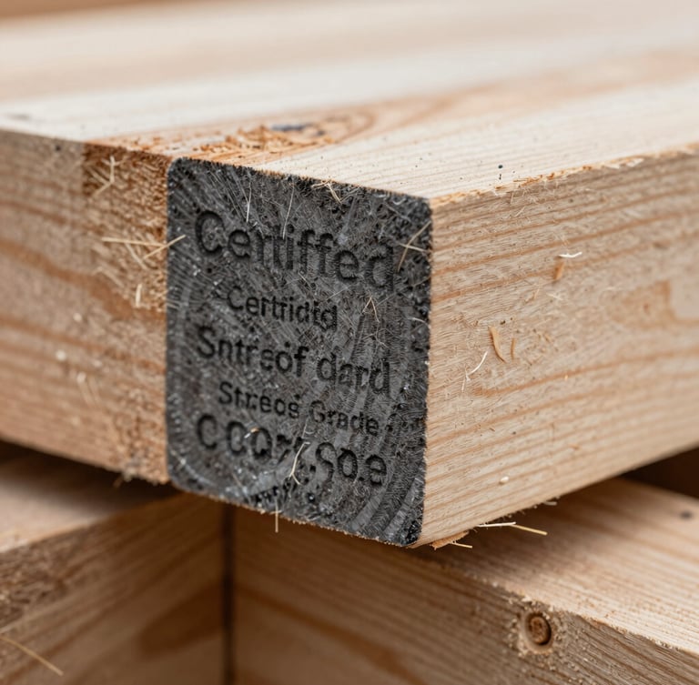 Macro close-up of structural timber end-grain showing certified stress grade stamps, sharp natural side-lighting, raw wood texture.