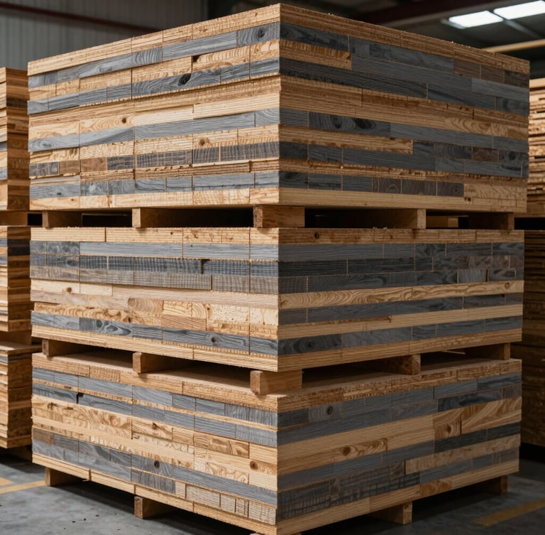 Straight-on geometric shot of neatly stacked multi-ply plywood bundles in warehouse racks, industrial warehouse photography, sharp natural side-lighting, raw wood tones and charcoal gray, 50mm