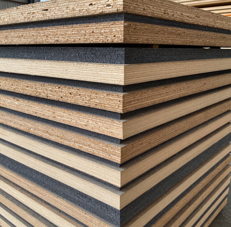 Straight-on geometric shot of a high-contrast cross-section stack of multi-ply plywood, raw wood tones and charcoal gray, crisp details, 50mm