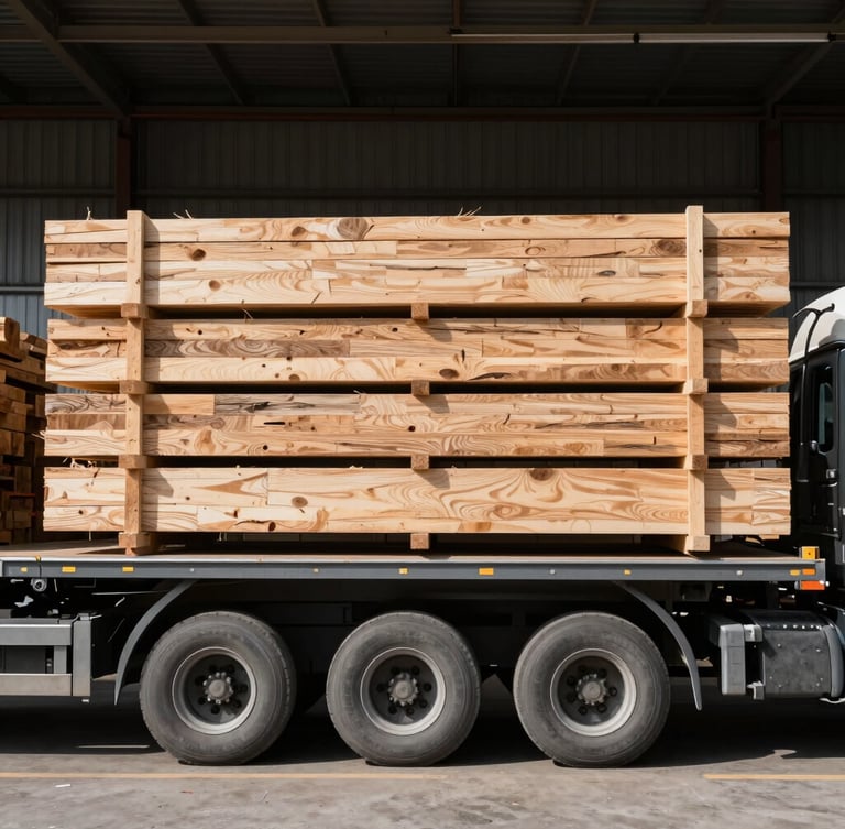 Straight-on geometric shot of a flatbed truck being loaded with timber bundles in a high-contrast warehouse daylight setting, industrial scale