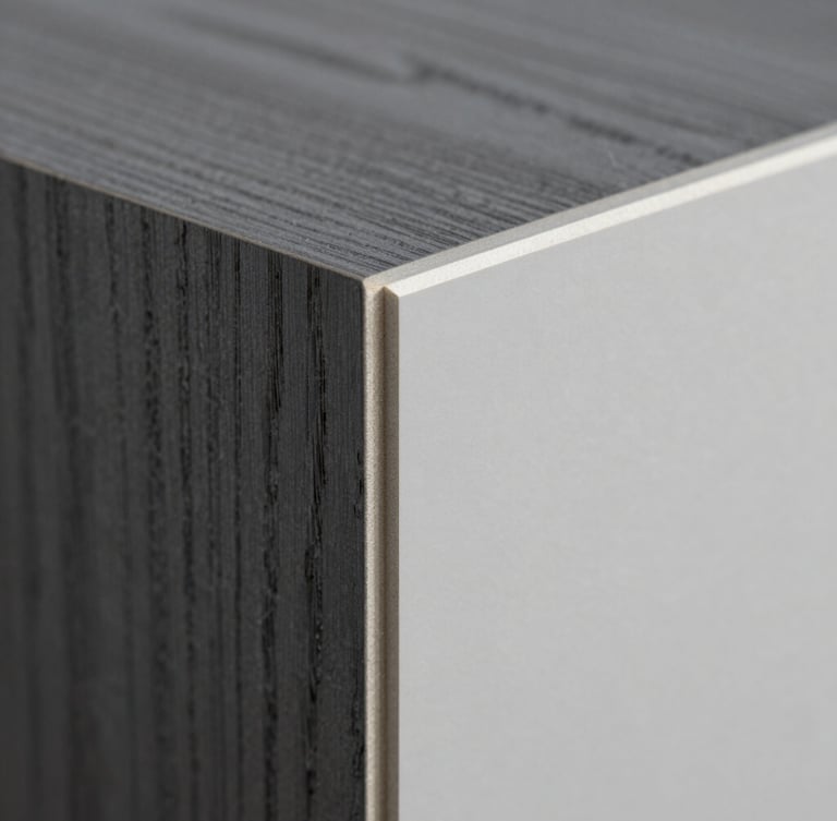Macro close-up of a clean melamine panel edge-banding, high-contrast side-lighting highlighting the precise bond line, raw wood grain, 50mm