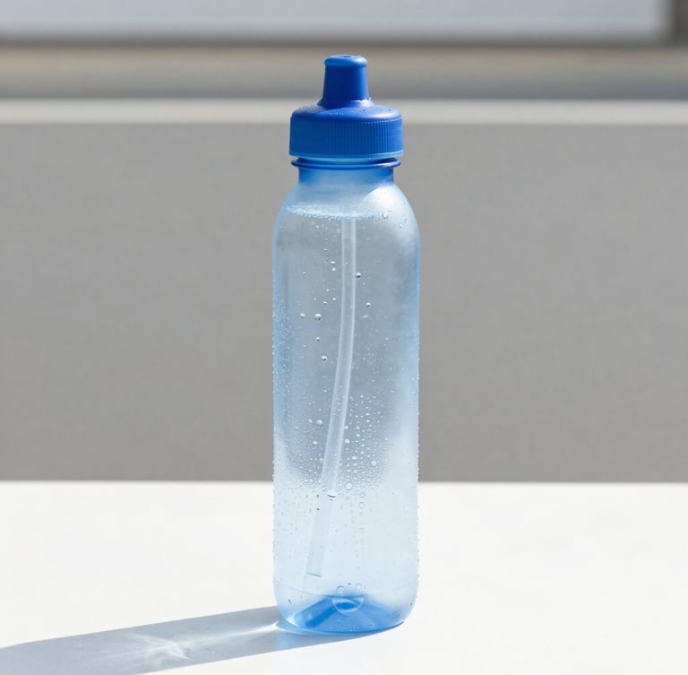 Crisp condensation-covered water bottle standing on a clean surface in bright natural daylight, 50mm lens, sharp focus, blue and white tones