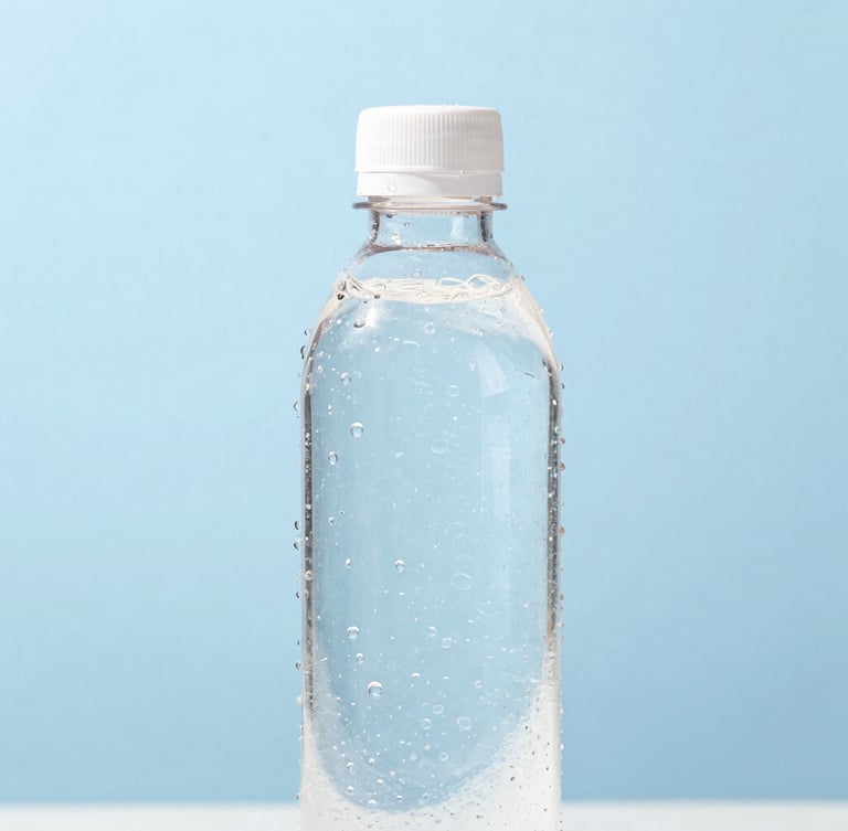 Crisp high-key product photography of a clean 1.5L water bottle with water droplets, bright daylight, soft blue background.