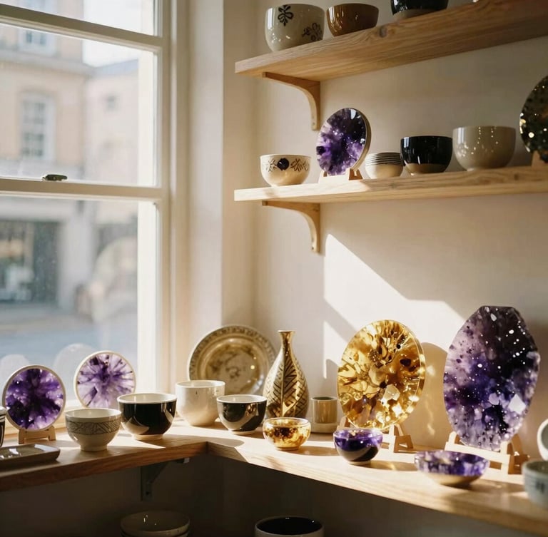 Cozy artisanal boutique interior with sunlight streaming through a window, handmade ceramics and colorful resin art displayed on wooden shelves, warm editorial photography, 35mm.