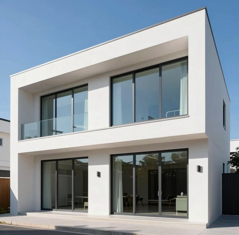 Wide shot of a pristine modern home exterior with large clean windows reflecting a clear blue sky, bright daylight, sharp architectural lines.