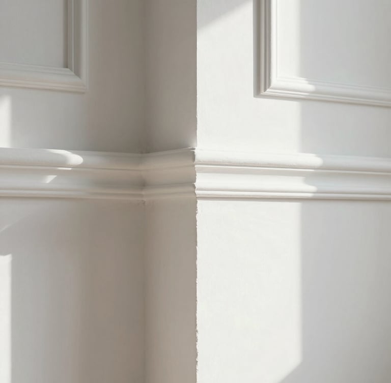 A close-up of a perfectly painted interior wall corner meeting a crisp white trim, bright natural morning light, clean lines, no visible brush strokes, minimalist aesthetic.