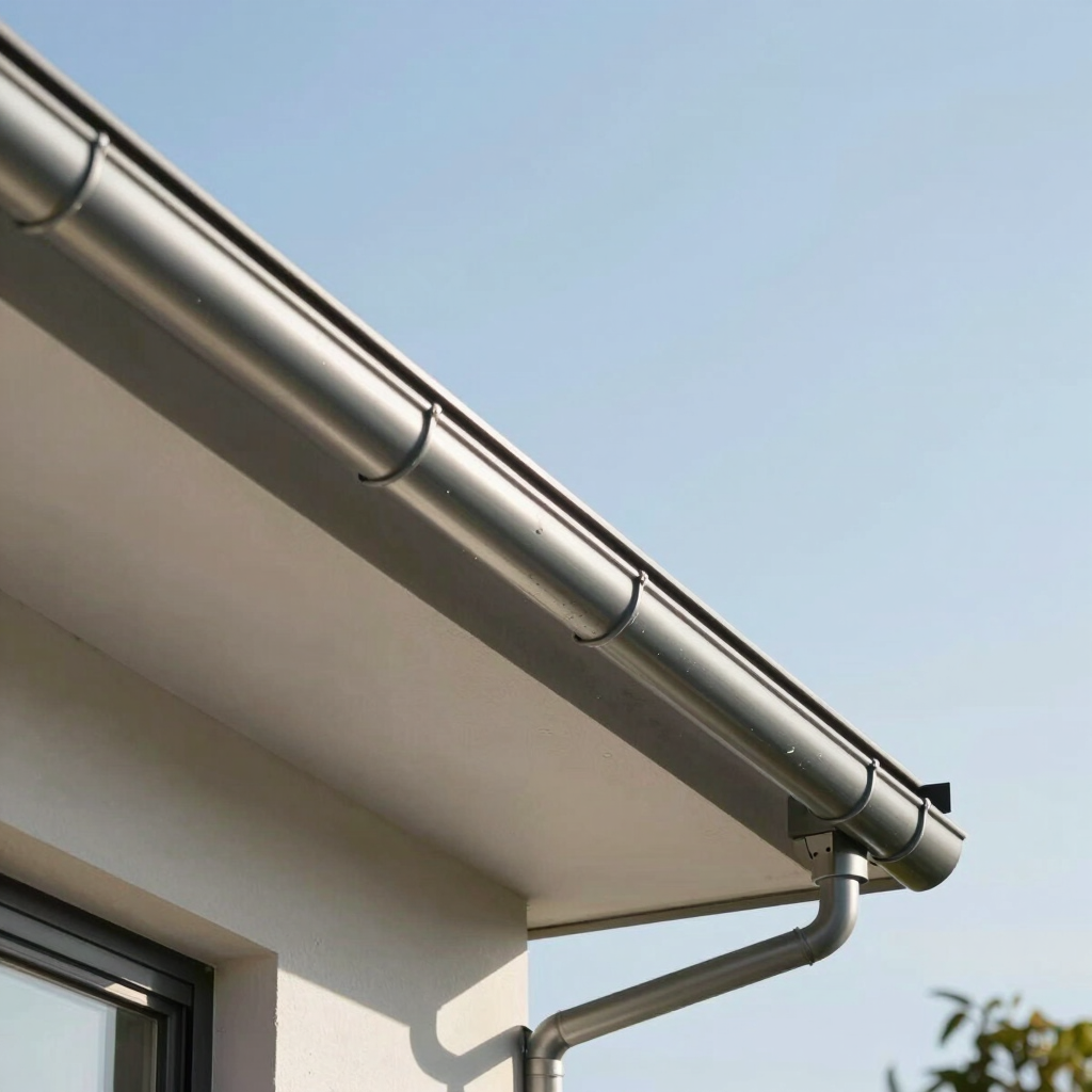 A clean, modern home exterior showing a perfectly cleared metal gutter line against a bright, clear sky, luminous daylight.