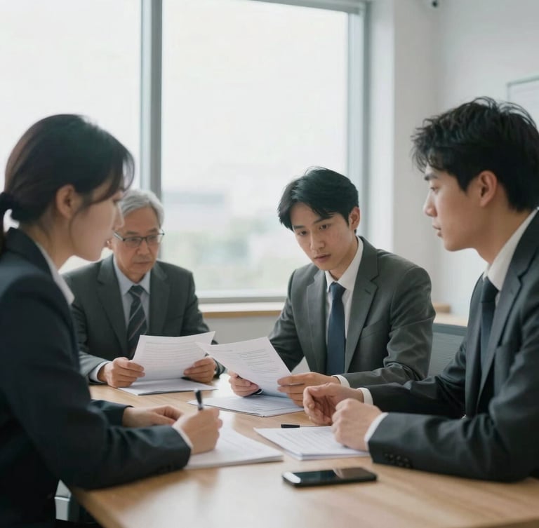 Focused business owners discussing reports around a clean wooden table, diffused overcast daylight through large windows, professional editorial photography, 35mm