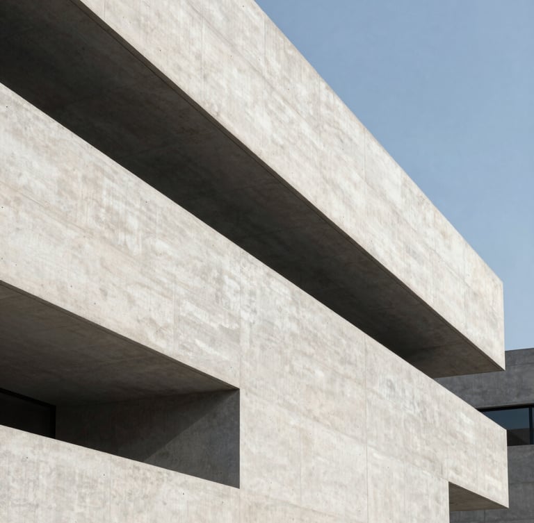 Abstract architectural geometry with sharp clean lines of a modern concrete building, captured in cool daylight with generous negative space.