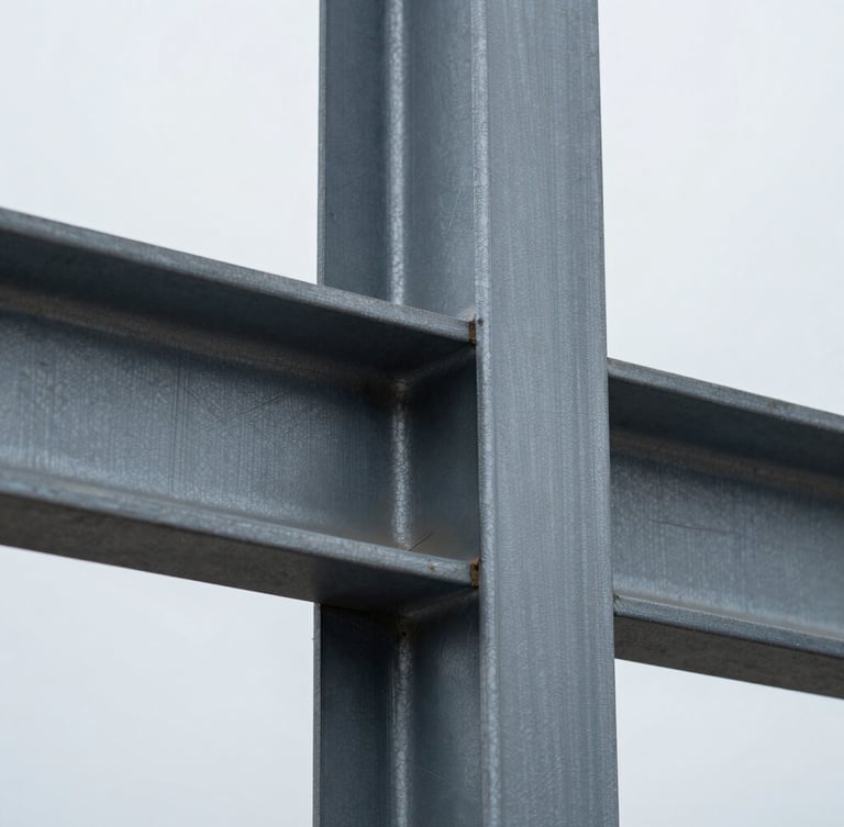 Extreme macro close-up of structural steel joint showing material stress texture, sharp focus, cool metallic tones, overcast daylight, 35mm lens