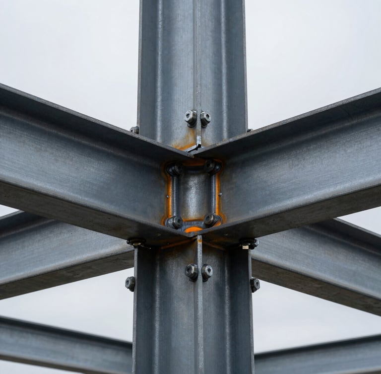 Industrial steel structure joint, close-up of heavy bolts and welds, cool overcast Basque daylight, high-contrast metallic shadows, safety-orange highlight, sharp focus, 35mm lens