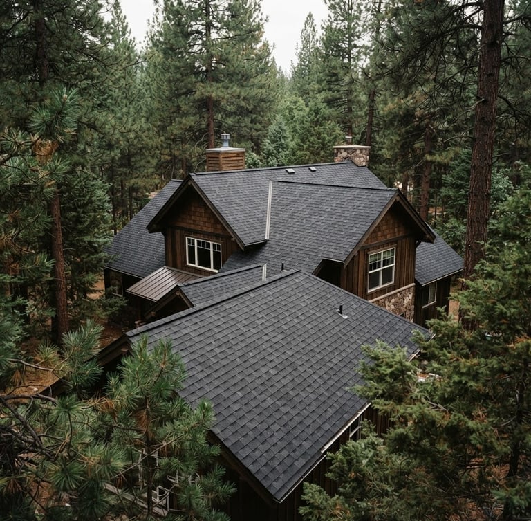 A clean asphalt shingle roof of a home nestled among pine trees in Southern Oregon, soft overcast daylight, natural forest tones