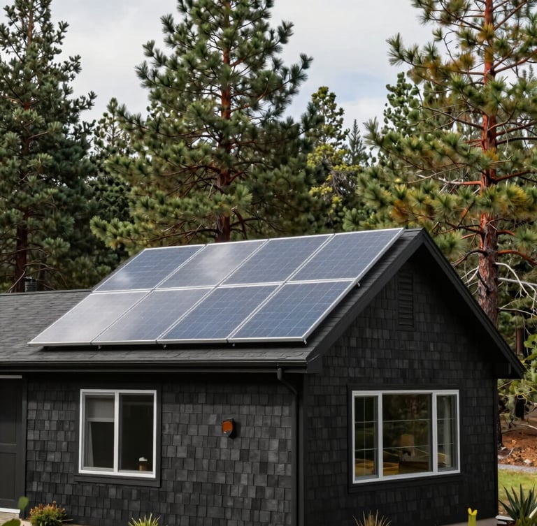 Crisp outdoor photography of a beautiful Southern Oregon home nestled in a pine forest, featuring pristine dark shingles and clean solar panels reflecting a soft overcast sky, natural daylight, 35mm