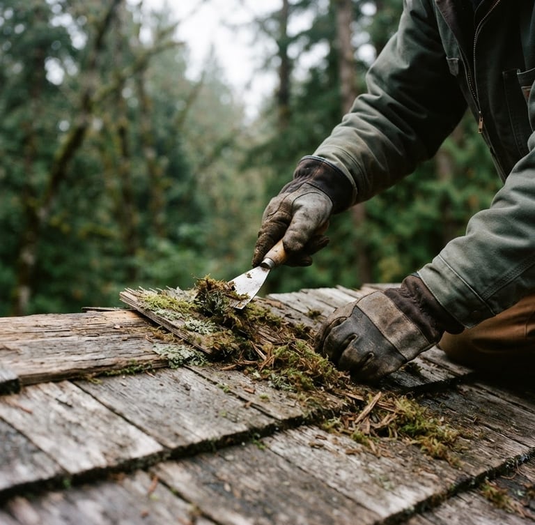 Crisp outdoor photography of a worker's hands in heavy gloves carefully scraping moss from a cedar shingle roof with a hand tool, soft overcast daylight, natural forest greens in the soft-focus background, 35mm