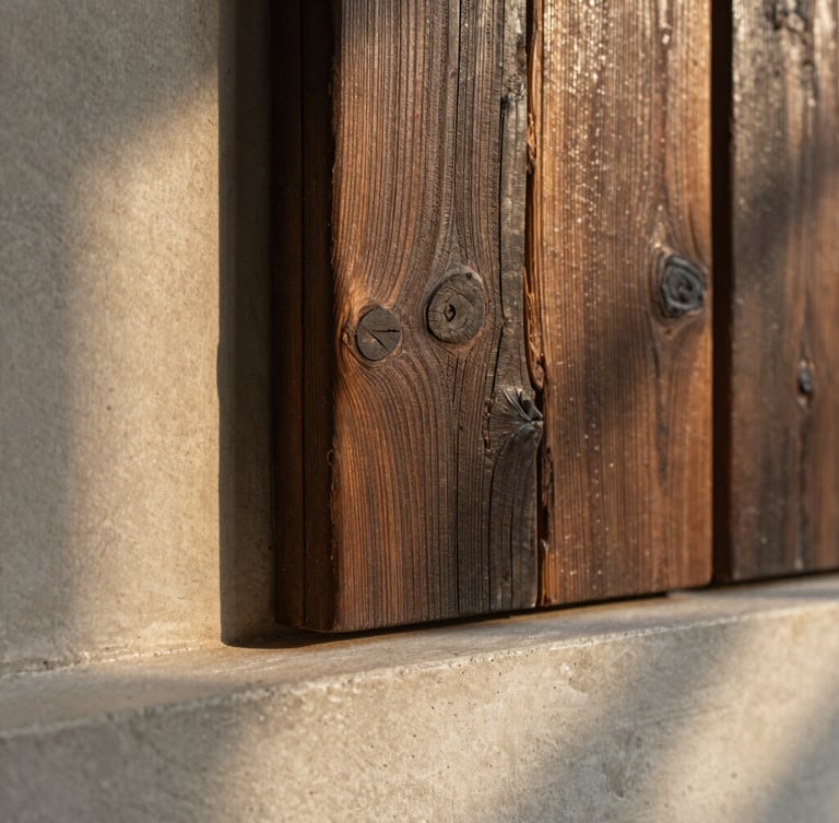 Close-up of dark weathered wood grain meeting smooth concrete, soft golden hour shadows, tactile architectural detail