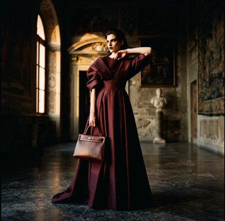 Cinematic fashion photography of a model in a dramatic, structured pose wearing a heavy silk gown, carrying a structured oxblood leather bag inside a grand historic Italian villa. Low-key chiaroscuro lighting, warm golden-hour window light, 35mm film grain, shallow depth of field.